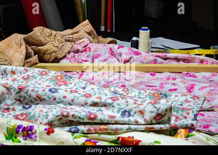 Assorted fabrics printed in different colors Stock Photo