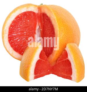 grapefruit cut in to slices close up isolated on white background. Stock Photo