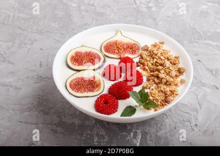 Yoghurt with raspberry, granola and figs in white plate on a gray concrete background. side view, close up. Stock Photo