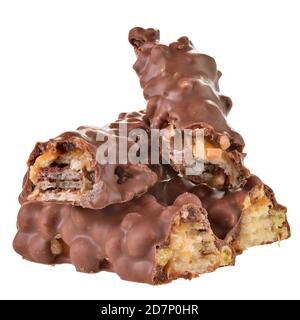 Chocolate bar with peanut, caramel and puffed rice isolated on a white background. Stock Photo