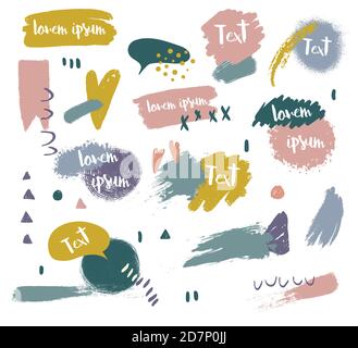 Set of hand drawn painted design elements. Vector grunge ink texture pastel color dry brush, strokes, spots, stripes, lines, templates, geometric shap Stock Vector