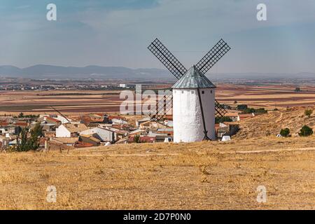 White windmill in Campo de Criptana, Castile la Mancha, Spain. Stock Photo