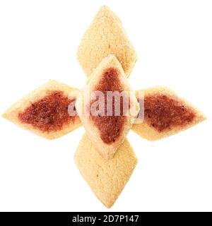 Homemade shortbread cookies with strawberry jam top view isolated on white background. Stock Photo