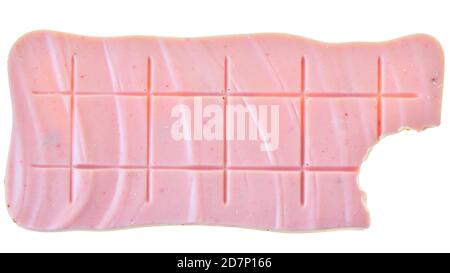 Bitten strawberry pink chocolate top view isolated on a white background. Stock Photo