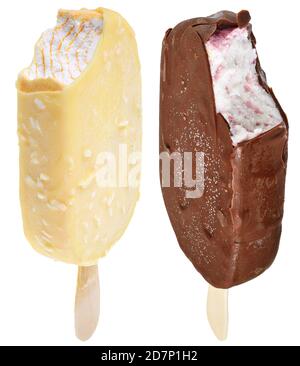 Two bitten ice cream on a stick covered in dark and white chocolate glaze isolated Stock Photo