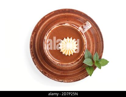 Cup of hot chocolate isolated on white background. top view, close up, flat lay. Stock Photo