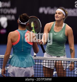 Ostrava, Czech Republic. 24th Oct, 2020. ***CTK POOL***Jennifer Brady of USA (left) greets Aryna Sabalenka of Belarus during the J&T Banka Ostrava Open 2020 tennis tournament match in Ostrava, Czech Republic, Friday, October 24, 2020. Credit: Jaroslav Ozana/CTK Photo/Alamy Live News Stock Photo