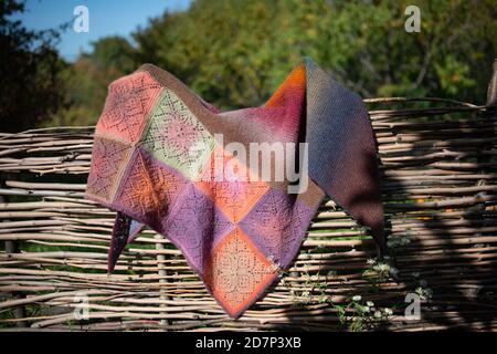 Handmade. Crochet. Woolen thread. Colorful shawl Stock Photo