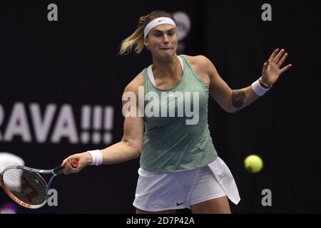 Ostrava, Czech Republic. 24th Oct, 2020. ***CTK POOL***Aryna Sabalenka of Belarus plays a ball against Jennifer Brady of USA during the J&T Banka Ostrava Open 2020 tennis tournament match in Ostrava, Czech Republic, October 24, 2020. Credit: Jaroslav Ozana/CTK Photo/Alamy Live News Stock Photo