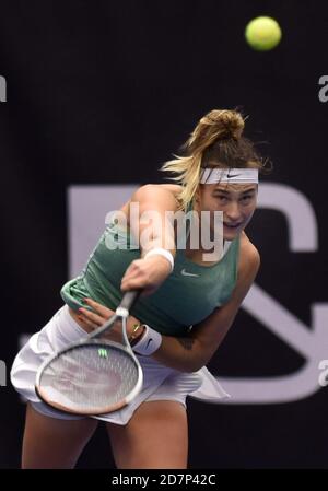 Ostrava, Czech Republic. 24th Oct, 2020. ***CTK POOL***Aryna Sabalenka of Belarus plays a ball against Jennifer Brady of USA during the J&T Banka Ostrava Open 2020 tennis tournament match in Ostrava, Czech Republic, October 24, 2020. Credit: Jaroslav Ozana/CTK Photo/Alamy Live News Stock Photo