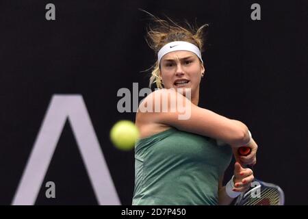 Ostrava, Czech Republic. 24th Oct, 2020. ***CTK POOL***Aryna Sabalenka of Belarus plays a ball against Jennifer Brady of USA during the J&T Banka Ostrava Open 2020 tennis tournament match in Ostrava, Czech Republic, October 24, 2020. Credit: Jaroslav Ozana/CTK Photo/Alamy Live News Stock Photo