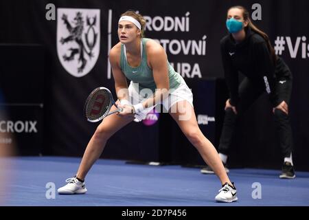 Ostrava, Czech Republic. 24th Oct, 2020. ***CTK POOL***Aryna Sabalenka of Belarus plays a ball against Jennifer Brady of USA during the J&T Banka Ostrava Open 2020 tennis tournament match in Ostrava, Czech Republic, October 24, 2020. Credit: Jaroslav Ozana/CTK Photo/Alamy Live News Stock Photo