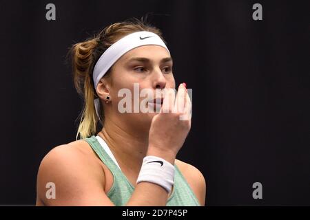 Ostrava, Czech Republic. 24th Oct, 2020. ***CTK POOL***Aryna Sabalenka of Belarus plays a ball against Jennifer Brady of USA during the J&T Banka Ostrava Open 2020 tennis tournament match in Ostrava, Czech Republic, October 24, 2020. Credit: Jaroslav Ozana/CTK Photo/Alamy Live News Stock Photo