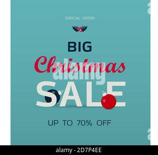 The inscription is a large Christmas sale. Banner for advertising to a store, hypermarket, website, or app. Picture for a flyer or booklet. Offer discounts on black Friday and new year s sale.Special discount offer. Stock Vector