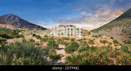 View of Mycenae Necropolis and Palace ruins, Mycenae Archaeological Site, Peloponnese, Greece Stock Photo