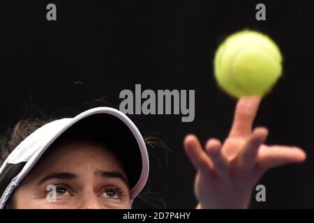 Ostrava, Czech Republic. 24th Oct, 2020. ***CTK POOL***Jennifer Brady of USA plays a ball against Aryna Sabalenka of Belarus during the J&T Banka Ostrava Open 2020 tennis tournament match in Ostrava, Czech Republic, October 24, 2020. Credit: Jaroslav Ozana/CTK Photo/Alamy Live News Stock Photo