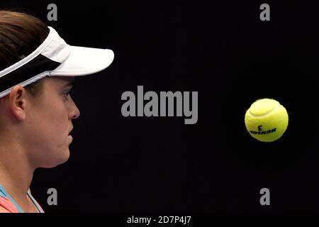 Ostrava, Czech Republic. 24th Oct, 2020. ***CTK POOL***Jennifer Brady of USA plays a ball against Aryna Sabalenka of Belarus during the J&T Banka Ostrava Open 2020 tennis tournament match in Ostrava, Czech Republic, October 24, 2020. Credit: Jaroslav Ozana/CTK Photo/Alamy Live News Stock Photo