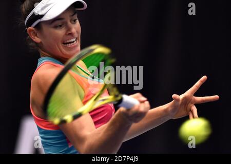 Ostrava, Czech Republic. 24th Oct, 2020. ***CTK POOL***Jennifer Brady of USA plays a ball against Aryna Sabalenka of Belarus during the J&T Banka Ostrava Open 2020 tennis tournament match in Ostrava, Czech Republic, October 24, 2020. Credit: Jaroslav Ozana/CTK Photo/Alamy Live News Stock Photo