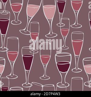 Vector seamless with wineglasses on a dark background. Design concept for winery of restaurant. Wallpaper or menu design. Stock Vector