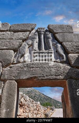 Mycenae Lion Gate & citadel walls built in 1350 B.C and its cyclopean style walls due to the vast size of the blocks. Mycenae Archaeological Site Stock Photo