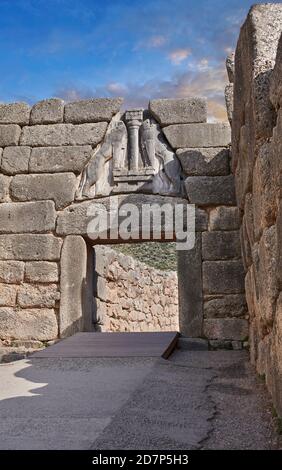 Mycenae Lion Gate & citadel walls built in 1350 B.C and its cyclopean style walls due to the vast size of the blocks. Mycenae Archaeological Site Stock Photo