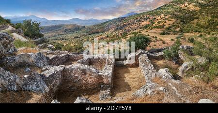View of Mycenae Necropolis and Palace ruins, Mycenae Archaeological Site, Peloponnese, Greece Stock Photo