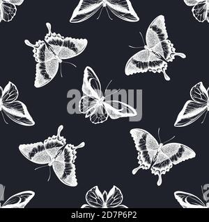 Seamless pattern with hand drawn chalk wallace s golden birdwing, emerald swallowtail, swallowtail butterfly Stock Vector