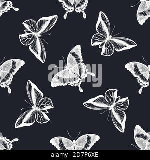 Seamless pattern with hand drawn chalk emerald swallowtail, swallowtail butterfly Stock Vector