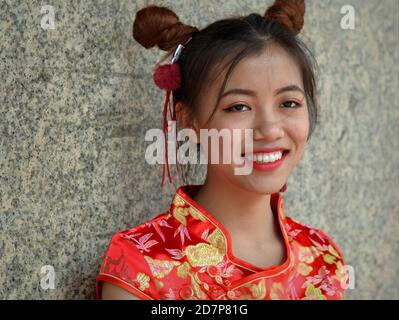 Thai Chinese Beauty in Red and Gold Cheongsam