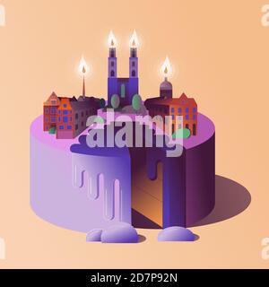 Purple violet cake with syrup drops and the city with candles flame on top peach background vector illustration. Stock Vector