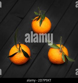 Mandarins fruit isolated on dark background. Top view. Stock Photo