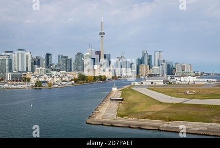 A view of the downtown Toronto skyline while landing at Billy Bishop Airport on the Toronto Island. Stock Photo