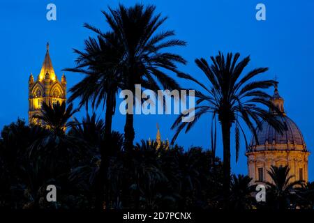 Palermo Cathedral dome and tower seen from Villa Bonanno park in Palermo, Sicily, Italy. Stock Photo