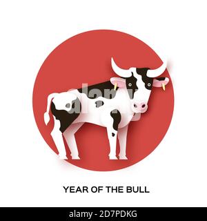 Bull in paper cut style on red background. Farm animals. Cow, ox. Stock Vector