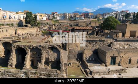 Excavations of Roman town buried by eruption of Mount Vesuvius in 79 AD.   Herculaneum Archaeological site, Ercolano, Italy. Stock Photo