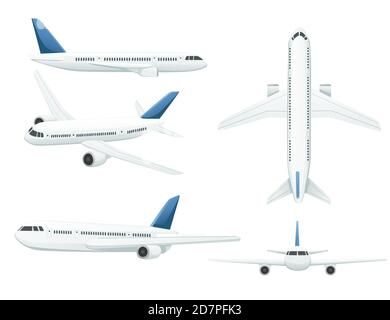 White passenger airplane in profile front and top flat vector illustration on white background Stock Vector