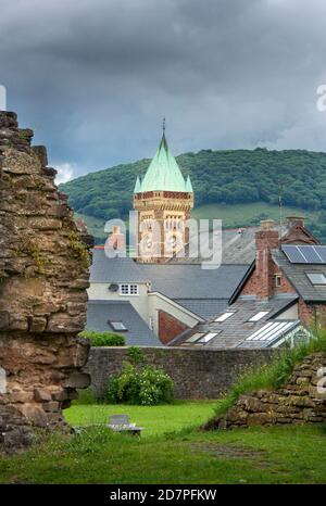 View of the Market Hall clock tower in the town of Abergavenny, Wales, UK Stock Photo