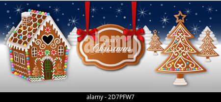 merry christmas banner with gingerbread house and trees Stock Vector