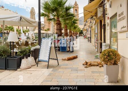 Terrasini, Sicily, Italy - September 24, 2020: View of Duomo Square with outdoor bars and restaurants in the center of Terrasini, province of Palermo, Stock Photo