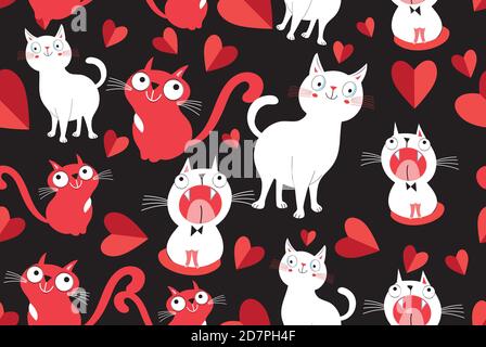 Seamless bright pattern with loving cats on a dark background. Holiday cats with hearts Stock Vector