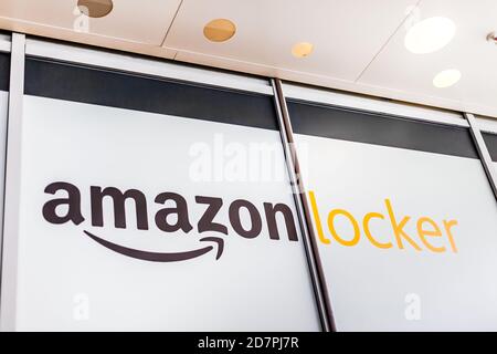 Amazon Locker in shopping mall, brand logo on pick up point for mail order goods. Lyon, France - February 23, 2020 Stock Photo