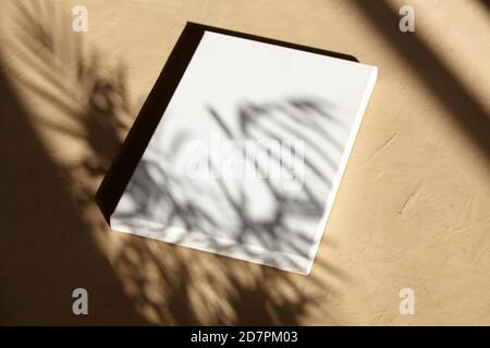 Blank canvas on beige surface with shadow from leaves. Mockup, stretched white cotton canvas Stock Photo
