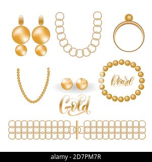 Jewelry gold vintage fashion realistic set on black background Stock Vector