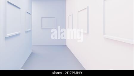 Gallery Interior with empty frames on wall, white corridor. 3d illustration Stock Photo