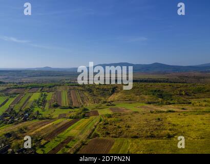 Aerial view of green farmland cultivated field from of the countryside