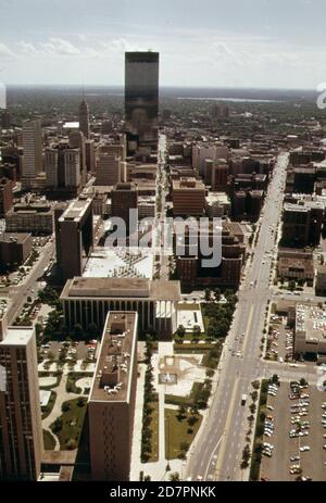 Nicollet Mall and surroundings. I.D.S. (Investors Diversified Services) building towers over the city. City lakes in upper portion (in or near Minneapolis) ca. 1973 Stock Photo