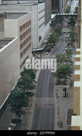 From the roof of Northern States Power Company--Nicollet Mall in a rain shower (in or near Minneapolis) ca. 1973 Stock Photo