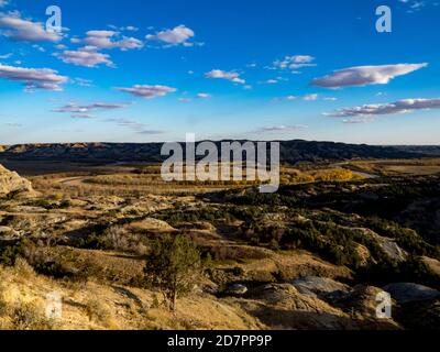 Fall colors along the little missouri river in the Badlands of Theodore Roosevelt National Park,  North Dakota, USA Stock Photo