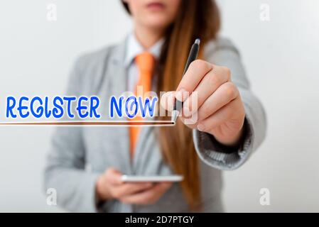 Handwriting text writing Register Now. Conceptual photo Name in an Official List Enlist to be a Member Sign up Model displaying different shots of hol Stock Photo