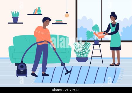 Family people clean house vector illustration. Cartoon woman man characters cleaning room, working in household together during winter vacations. Mother and father housekeeping, housework background Stock Vector
